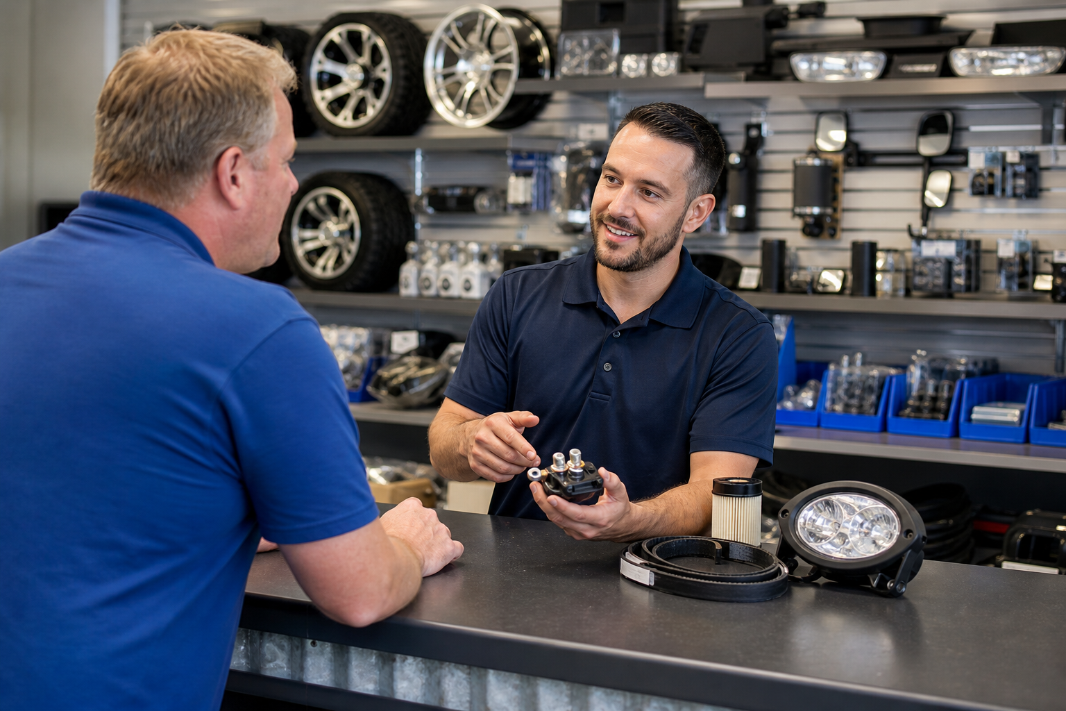 Parts employee helping a customer at a golf cart parts counter